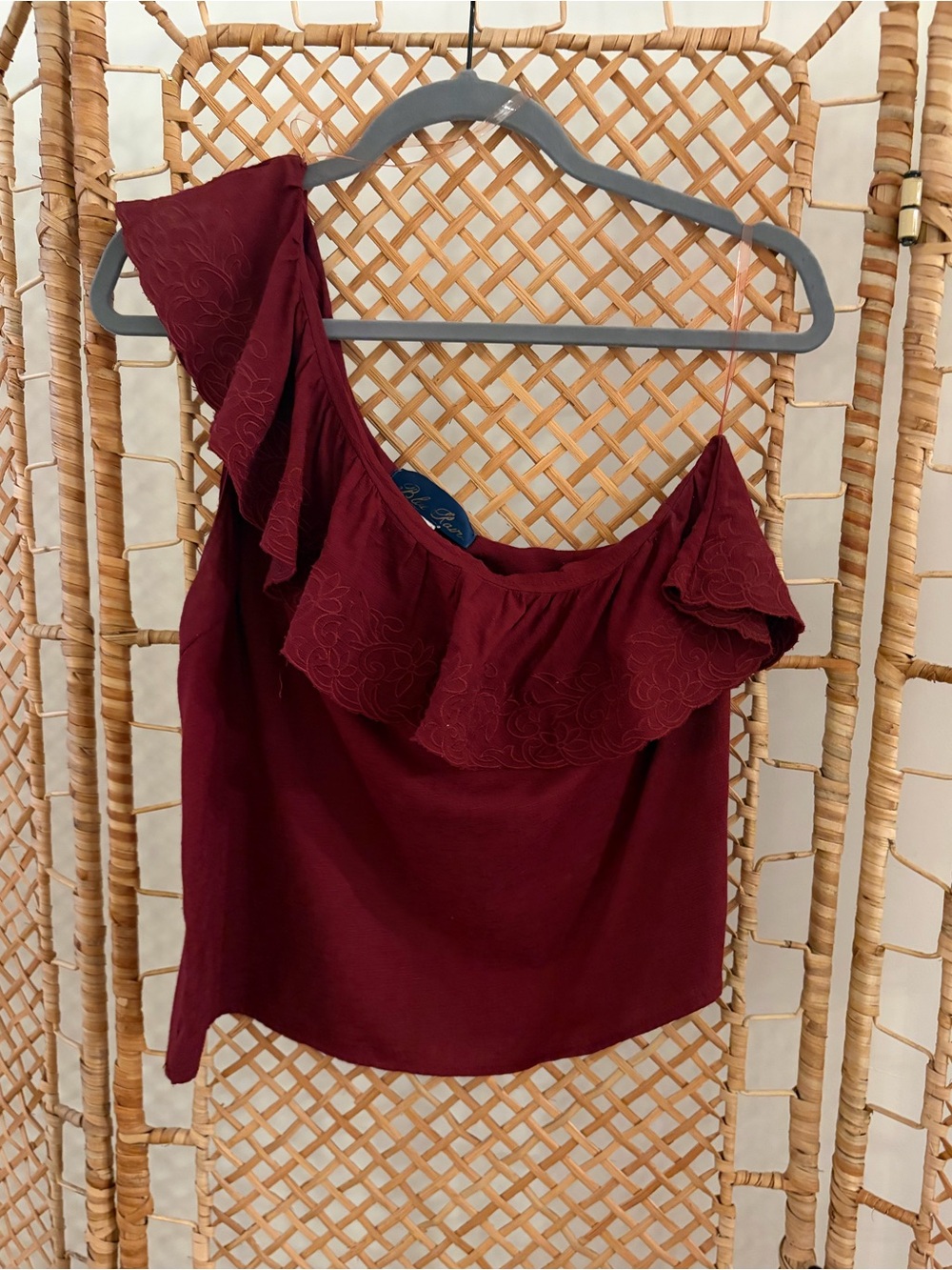 Blue Rain One-Shoulder Ruffle Blouse in Burgundy
